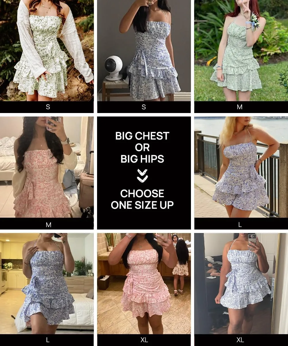Narecte Summer Dresses for Women,Tie Halter Mini Dress,Floral Print Short Dress,Ruffle Trim Casual Dresses