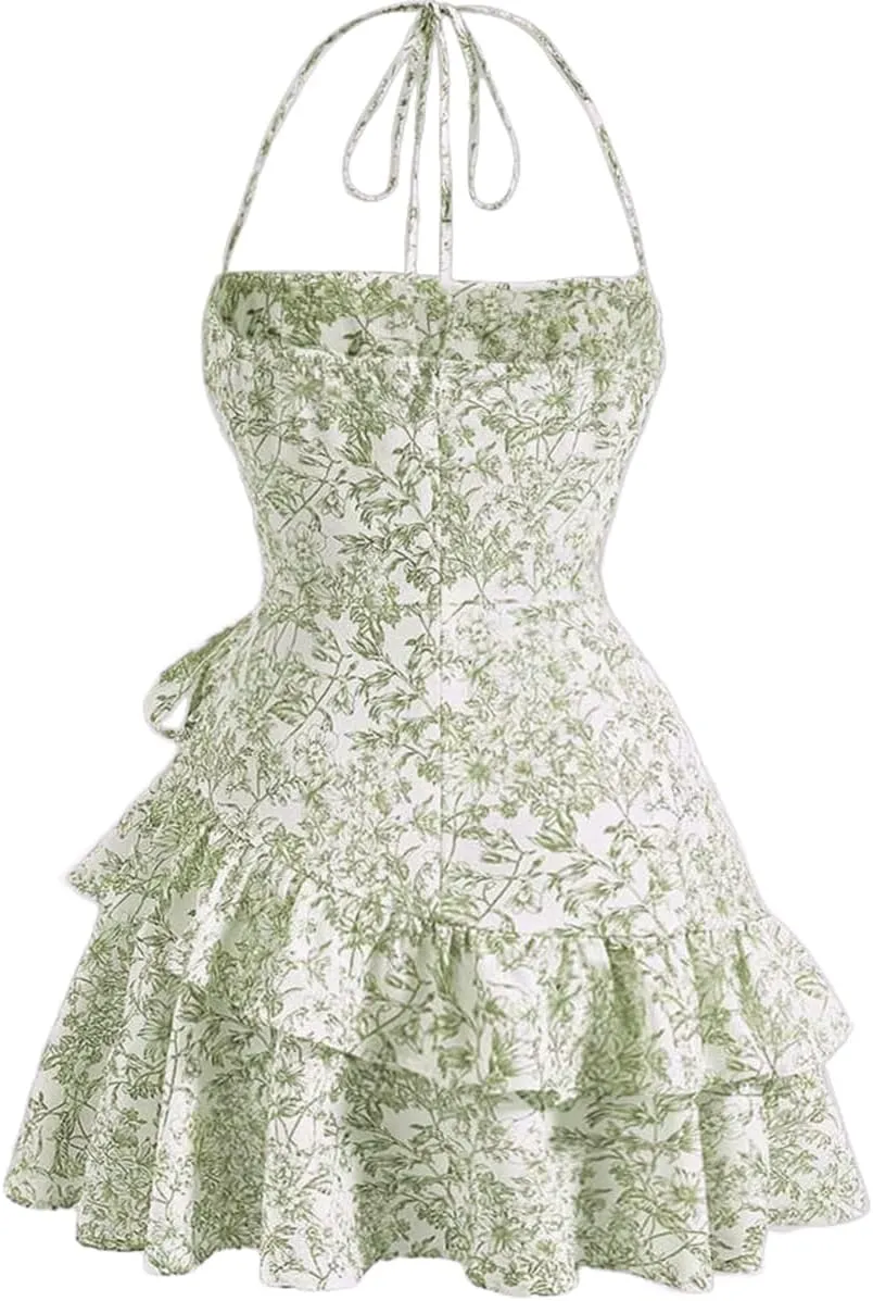 Narecte Summer Dresses for Women,Tie Halter Mini Dress,Floral Print Short Dress,Ruffle Trim Casual Dresses