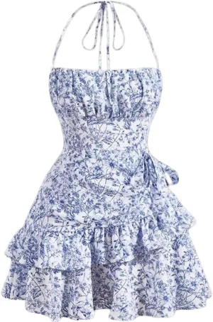 Narecte Summer Dresses for Women,Tie Halter Mini Dress,Floral Print Short Dress,Ruffle Trim Casual Dresses