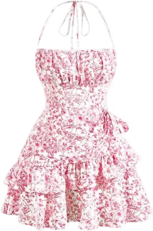 Narecte Summer Dresses for Women,Tie Halter Mini Dress,Floral Print Short Dress,Ruffle Trim Casual Dresses