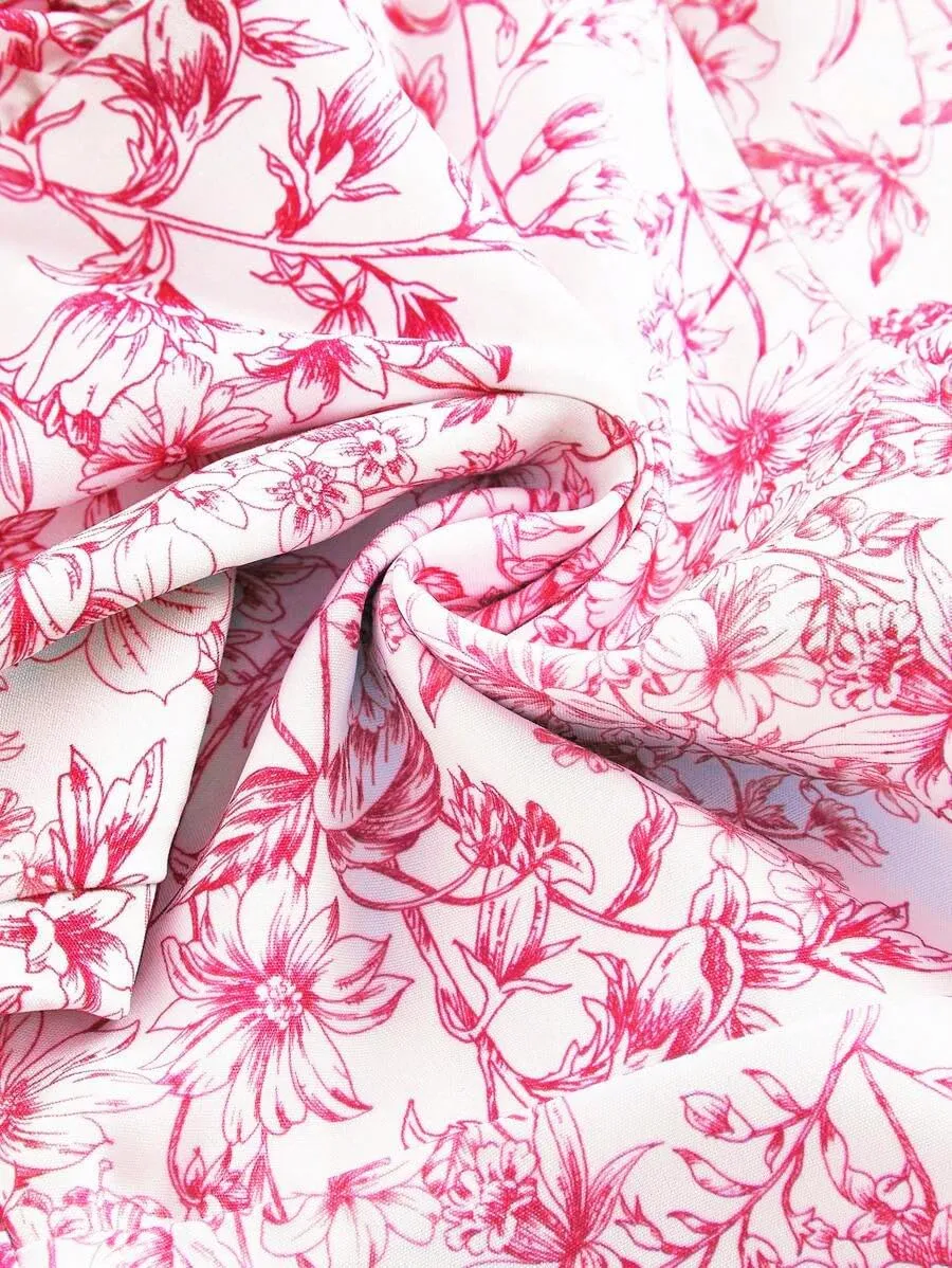 Narecte Summer Dresses for Women,Tie Halter Mini Dress,Floral Print Short Dress,Ruffle Trim Casual Dresses