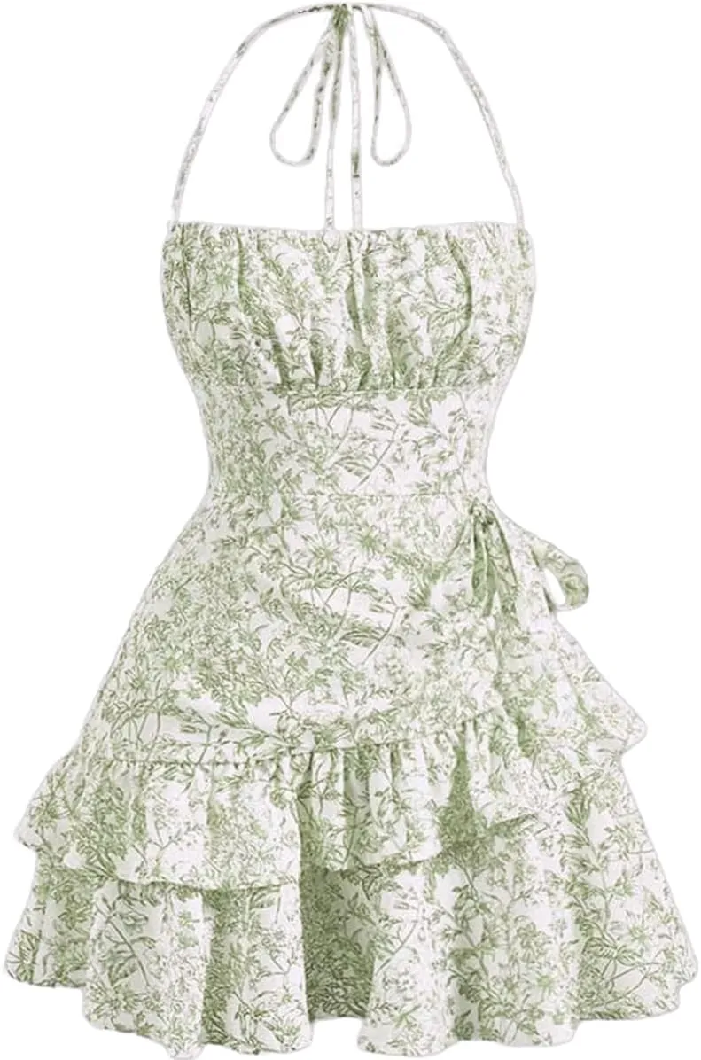 Narecte Summer Dresses for Women,Tie Halter Mini Dress,Floral Print Short Dress,Ruffle Trim Casual Dresses