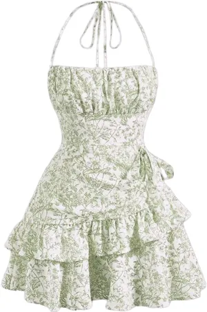 Narecte Summer Dresses for Women,Tie Halter Mini Dress,Floral Print Short Dress,Ruffle Trim Casual Dresses