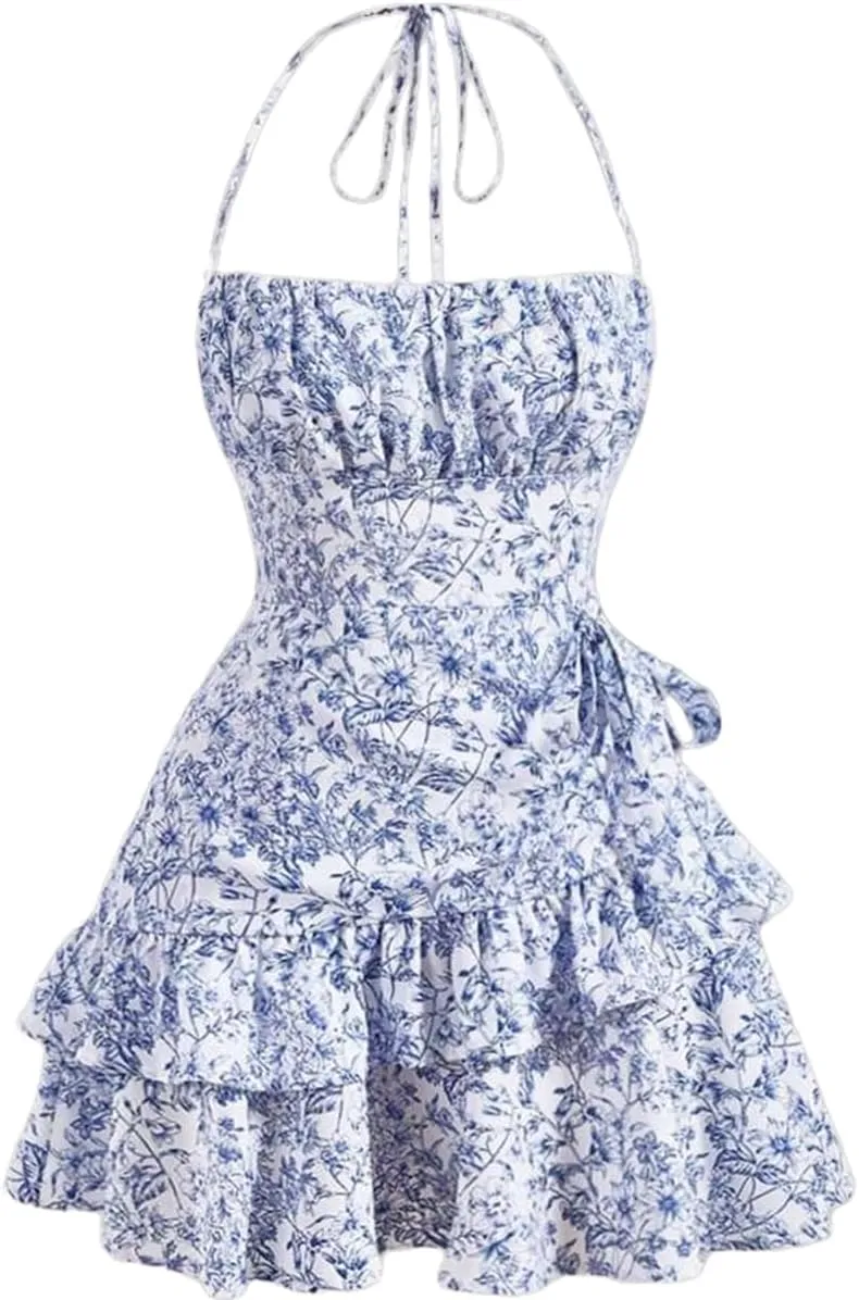 Narecte Summer Dresses for Women,Tie Halter Mini Dress,Floral Print Short Dress,Ruffle Trim Casual Dresses