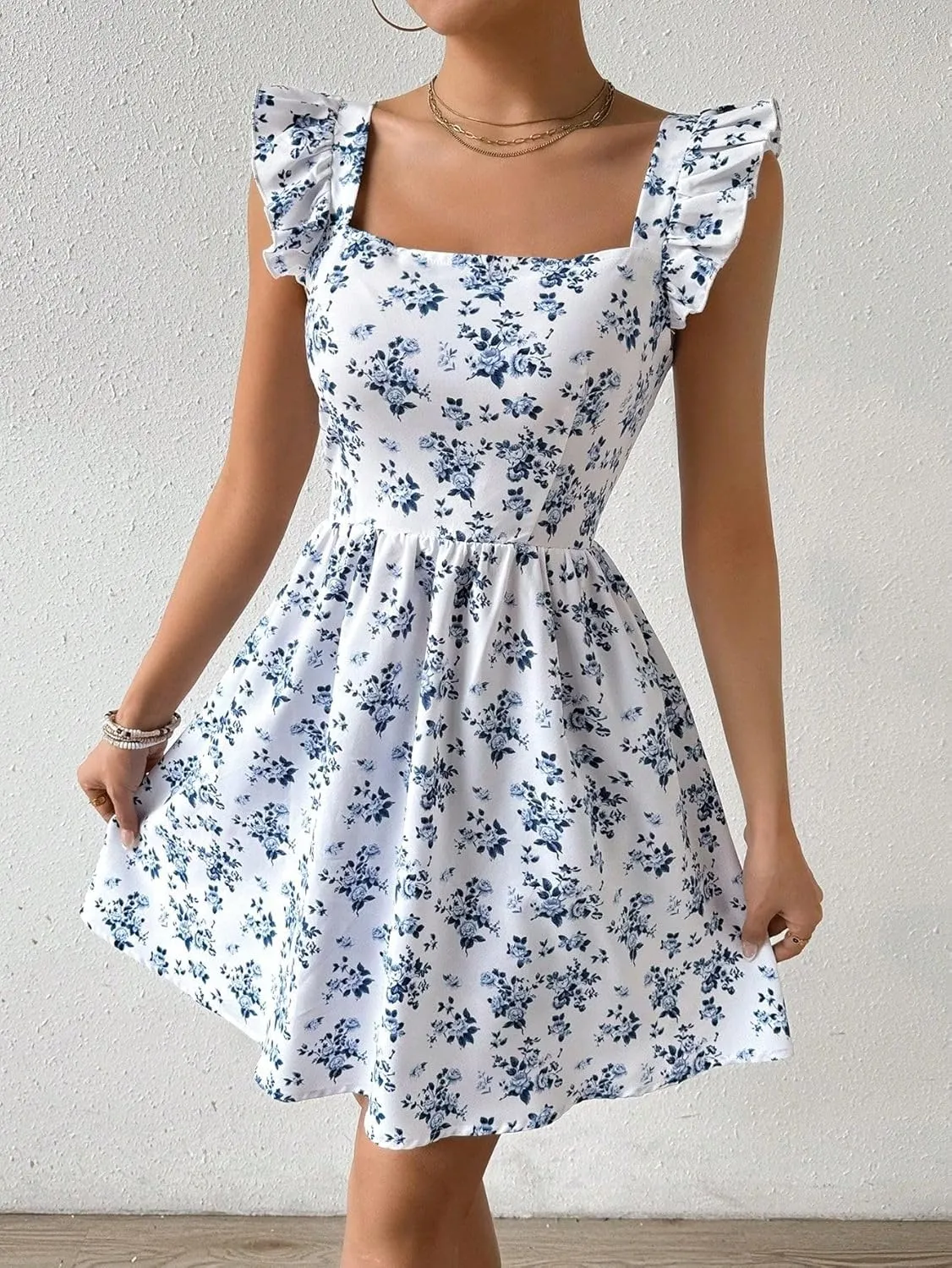 Narecte Women's Floral Mini Dress Cap Sleeve Boho Dresses for Women 2025 Casual Summer Dresses Short Sun Dresses