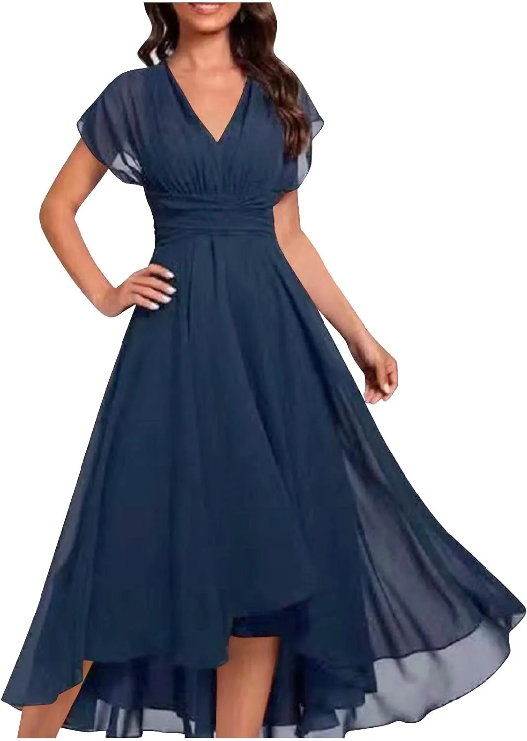 NATHGAM Summer Cocktail Dress for Women Elegant Flowy V Neck Chiffon Bridesmaid Dress Formal Wedding Party Gown Evening Dress