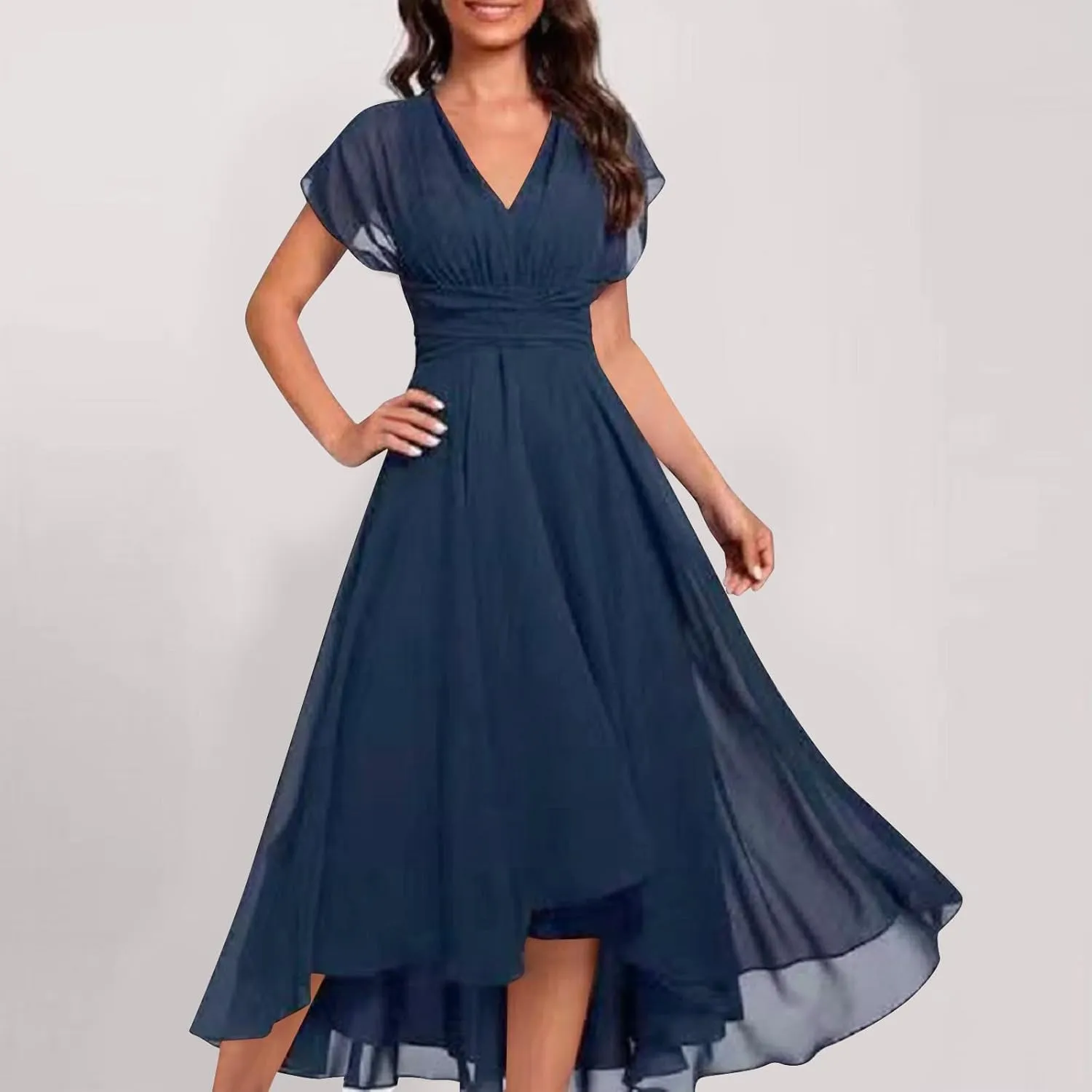 NATHGAM Summer Cocktail Dress for Women Elegant Flowy V Neck Chiffon Bridesmaid Dress Formal Wedding Party Gown Evening Dress