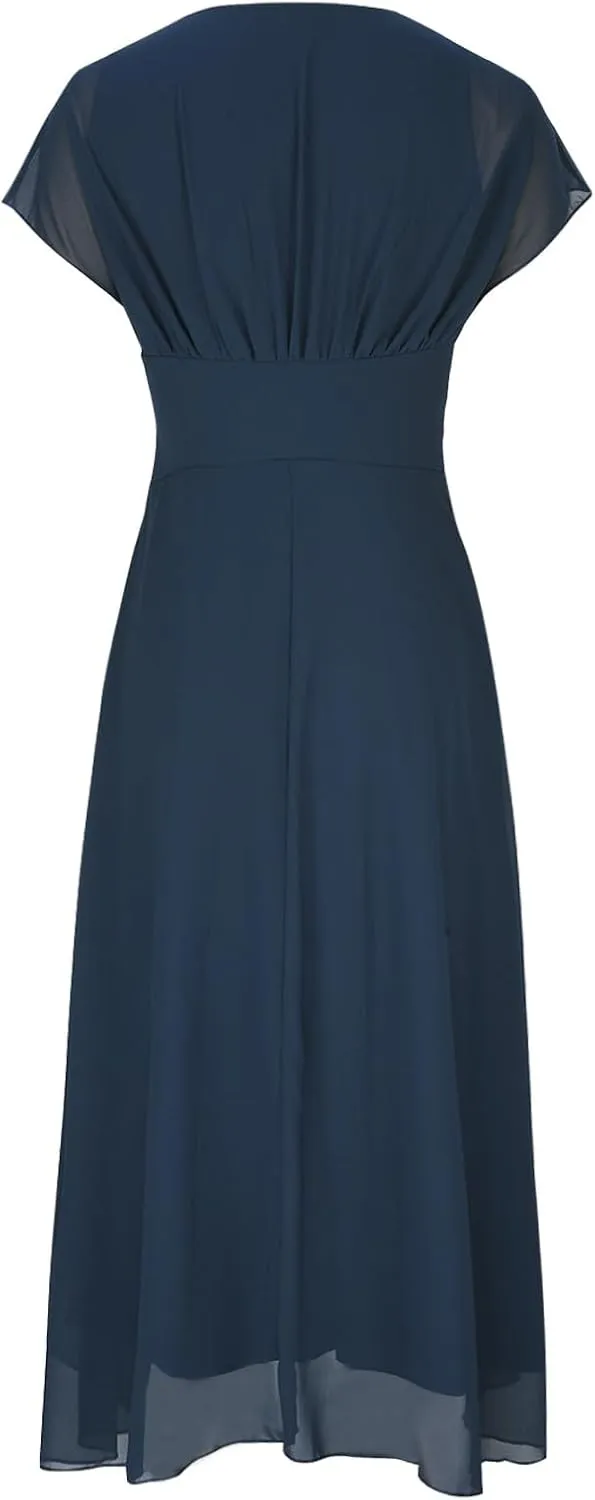 NATHGAM Summer Cocktail Dress for Women Elegant Flowy V Neck Chiffon Bridesmaid Dress Formal Wedding Party Gown Evening Dress