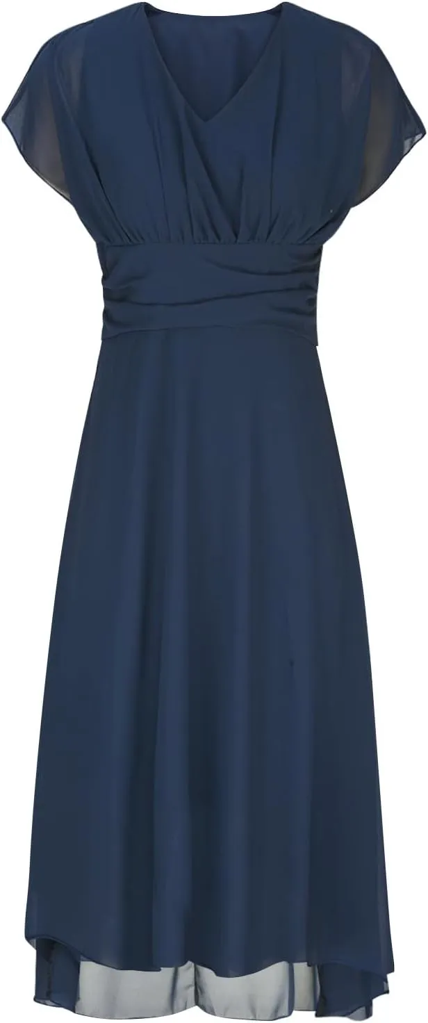 NATHGAM Summer Cocktail Dress for Women Elegant Flowy V Neck Chiffon Bridesmaid Dress Formal Wedding Party Gown Evening Dress