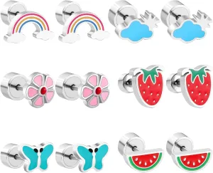NEWITIN 6 Pairs Silver Cute Stud Earrings for Girls Hypoallergenic Earring Stainless Steel Press Earring Strawberry Flower Rainbow Cloud Butterfly Studs Flat Back Earrings for Women Girls