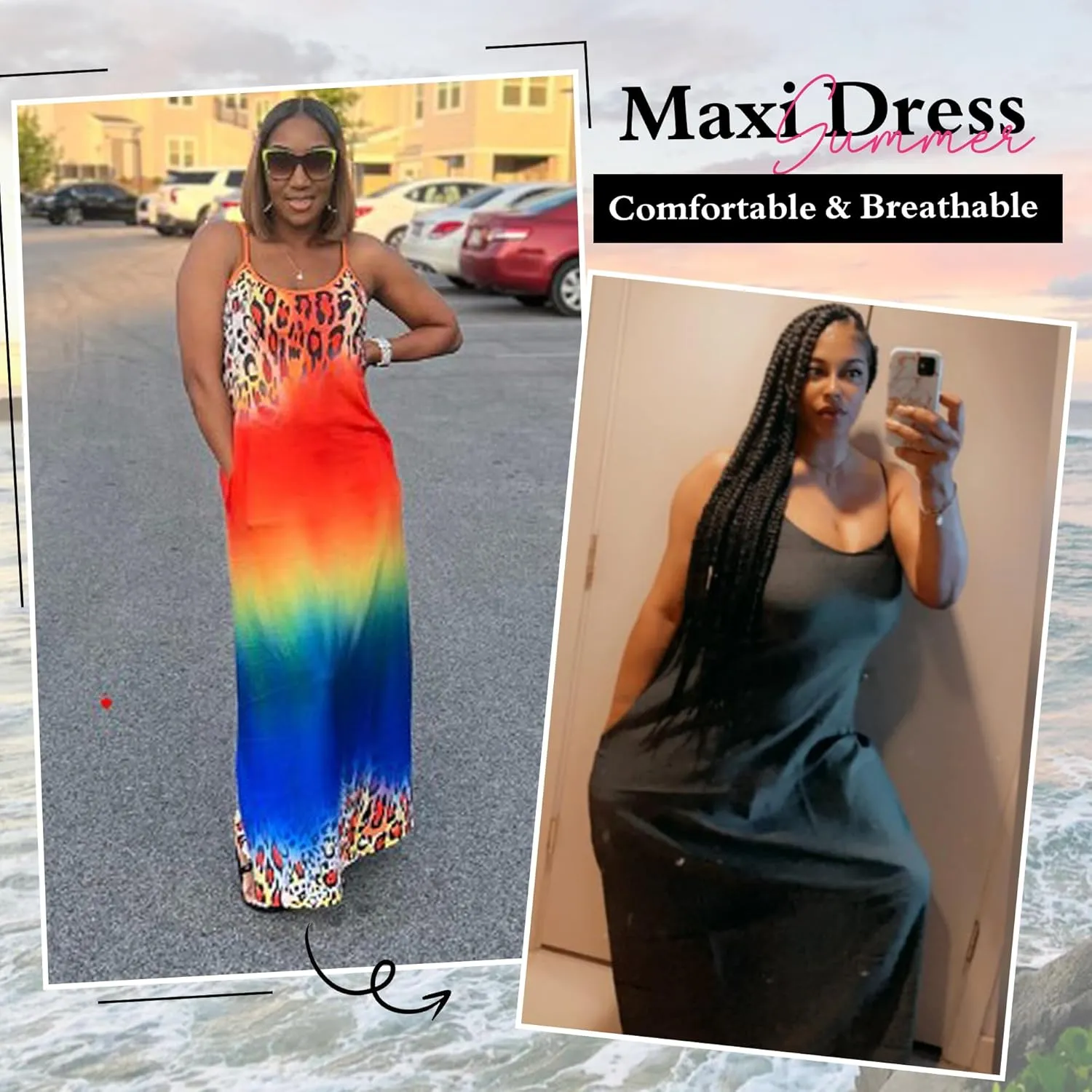 Nhicdns Women's Summer Plus Size Hawaiian Dresses Tie Dye Spaghetti Strap Maxi Dress Beach Boho Casual Sundress