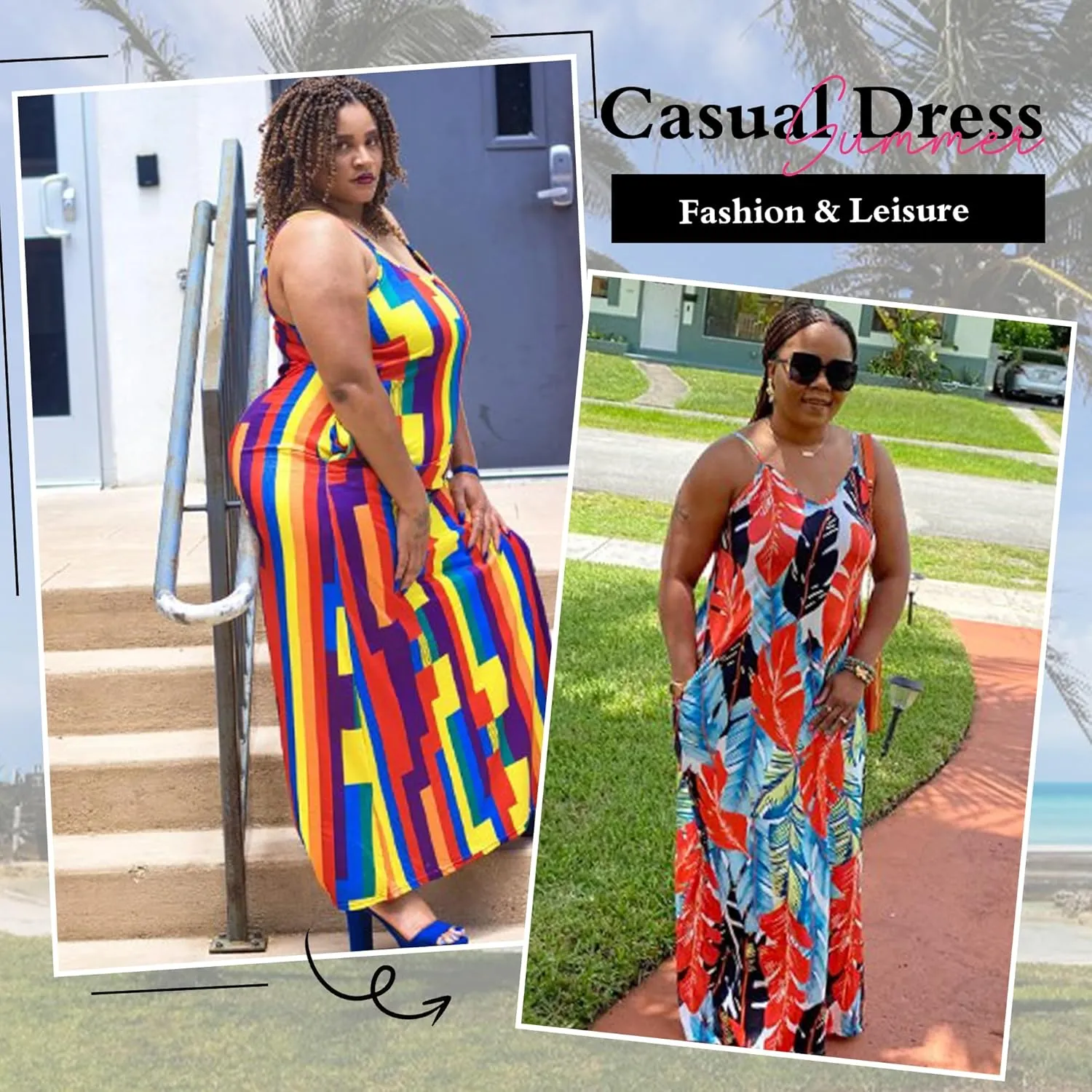 Nhicdns Women's Summer Plus Size Hawaiian Dresses Tie Dye Spaghetti Strap Maxi Dress Beach Boho Casual Sundress