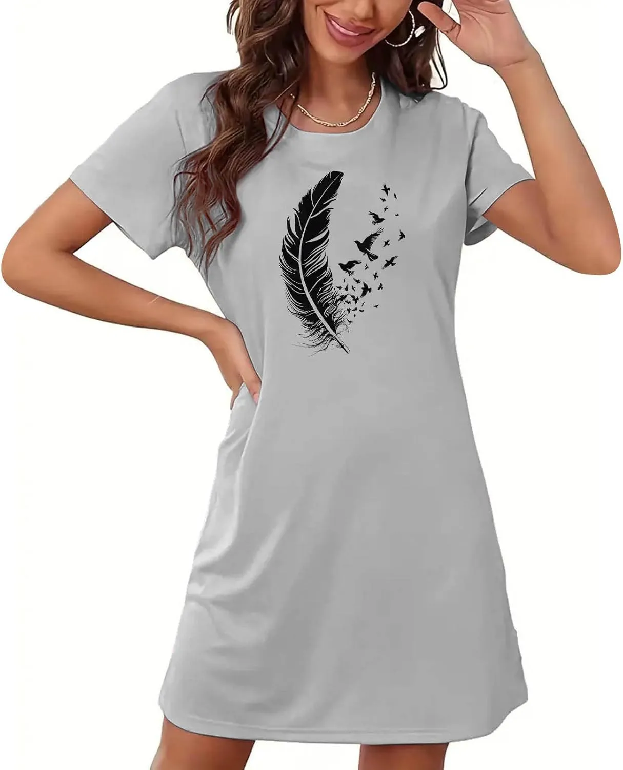 Nightgowns for Womens Short Sleeve Graphic Sleep Tees Pullover Night Shirts Sleep Shirt Soft Feather T Shirt Dresses