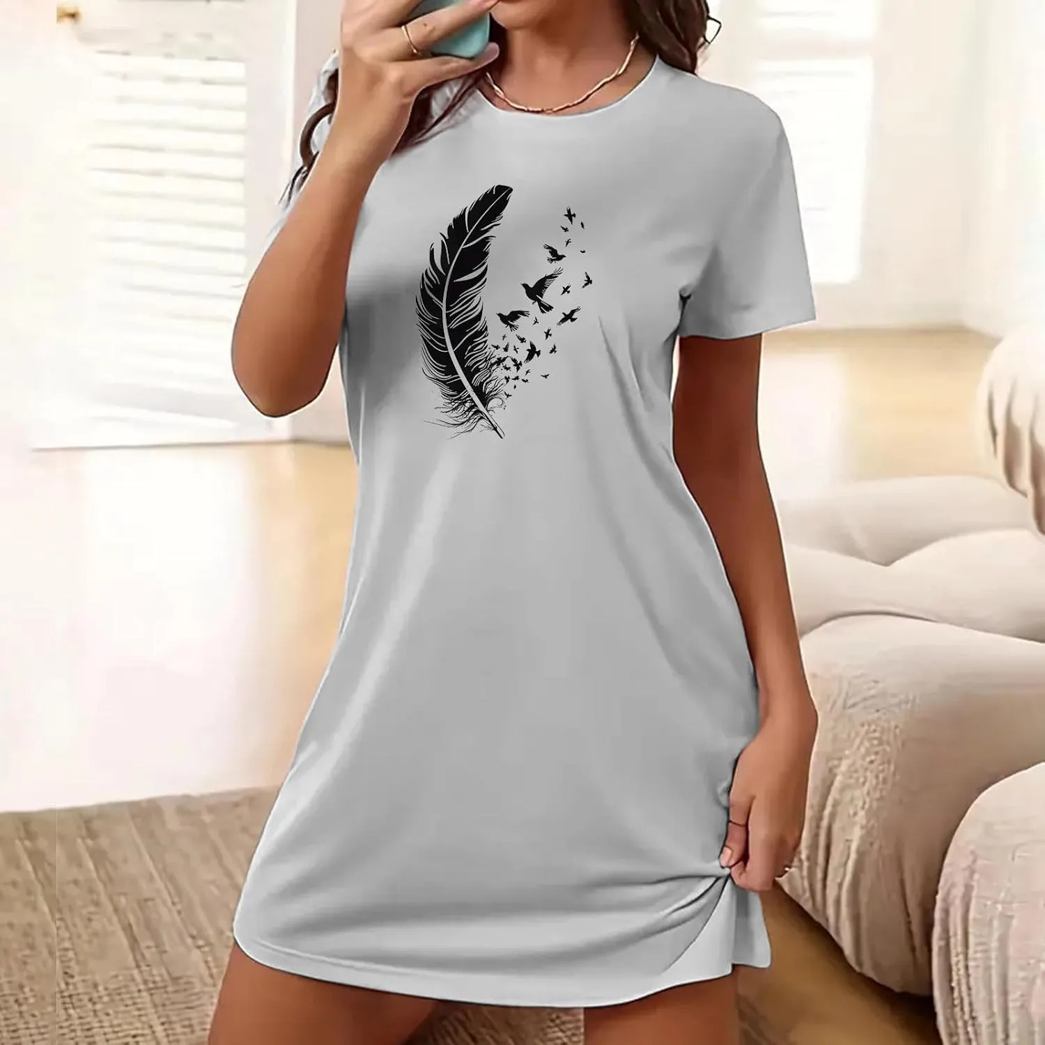 Nightgowns for Womens Short Sleeve Graphic Sleep Tees Pullover Night Shirts Sleep Shirt Soft Feather T Shirt Dresses