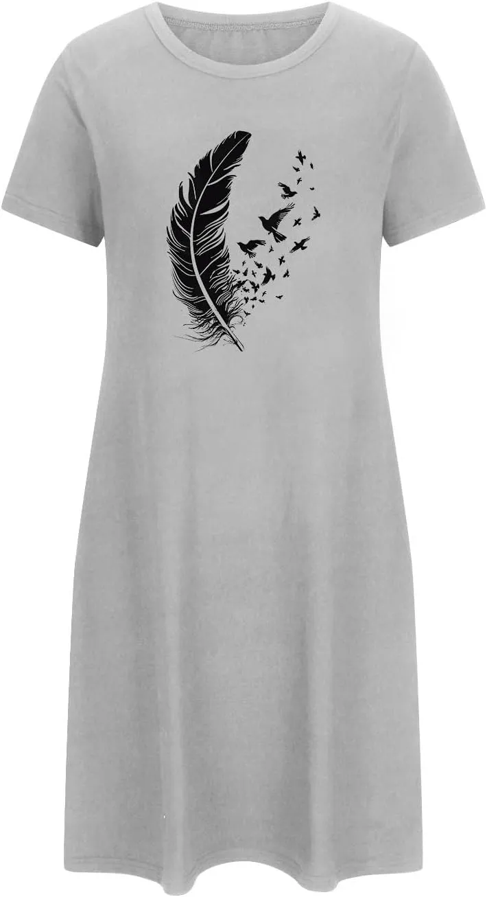 Nightgowns for Womens Short Sleeve Graphic Sleep Tees Pullover Night Shirts Sleep Shirt Soft Feather T Shirt Dresses