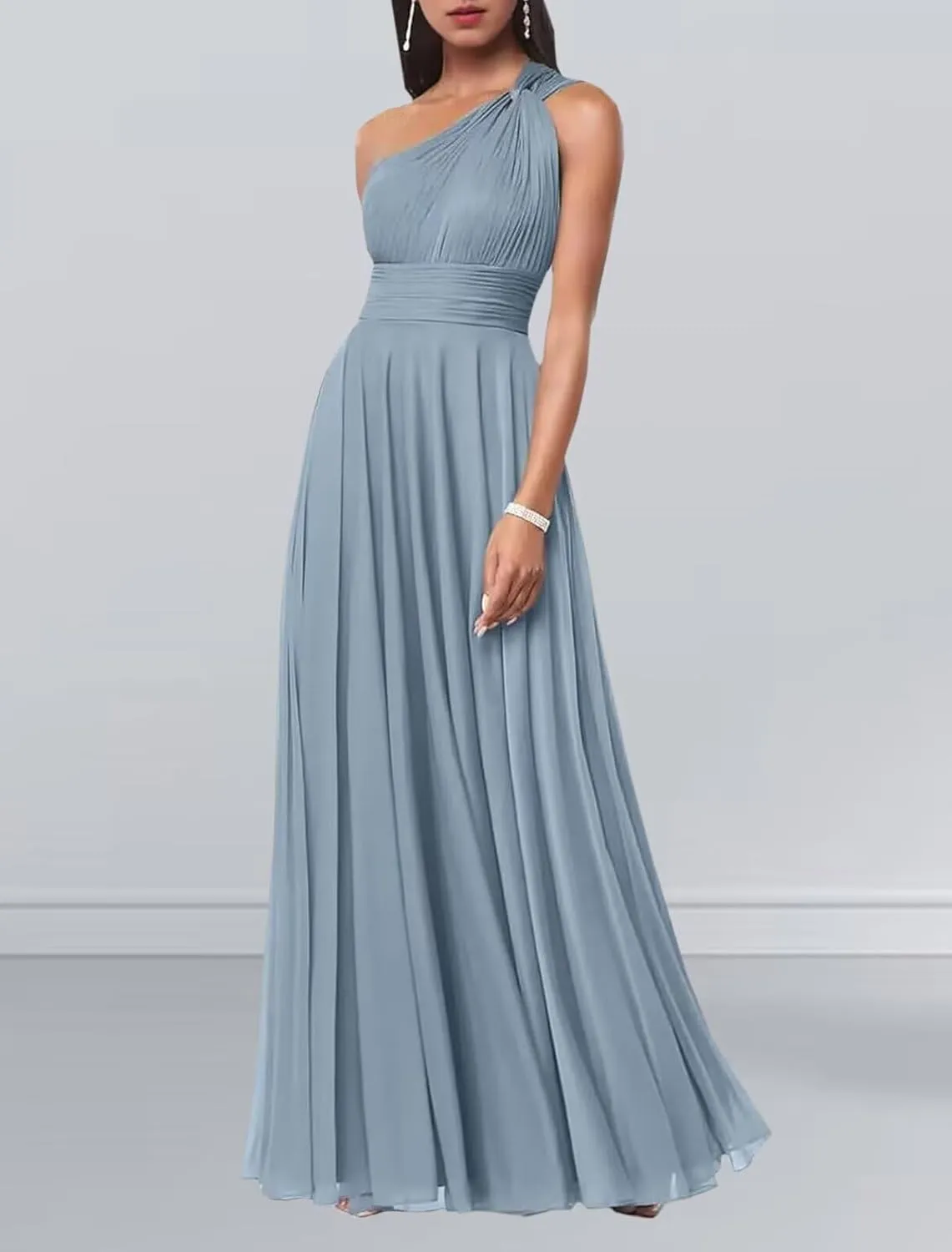 One Shoulder Bridesmaid Dresses for Wedding Chiffon A Line Prom Dress with Pockets Pleated Long Formal Evening Gown