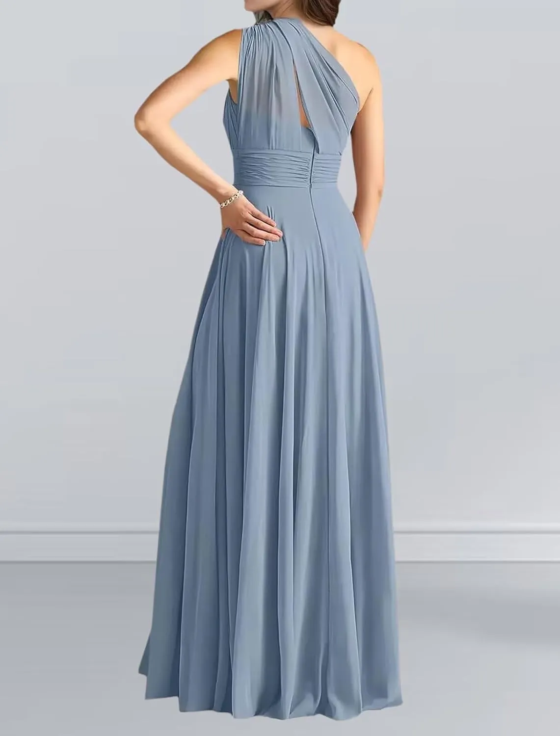 One Shoulder Bridesmaid Dresses for Wedding Chiffon A Line Prom Dress with Pockets Pleated Long Formal Evening Gown