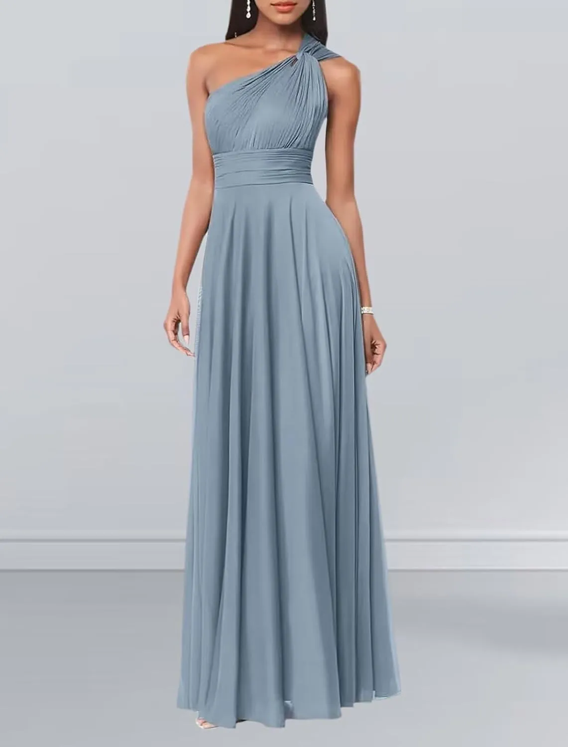 One Shoulder Bridesmaid Dresses for Wedding Chiffon A Line Prom Dress with Pockets Pleated Long Formal Evening Gown