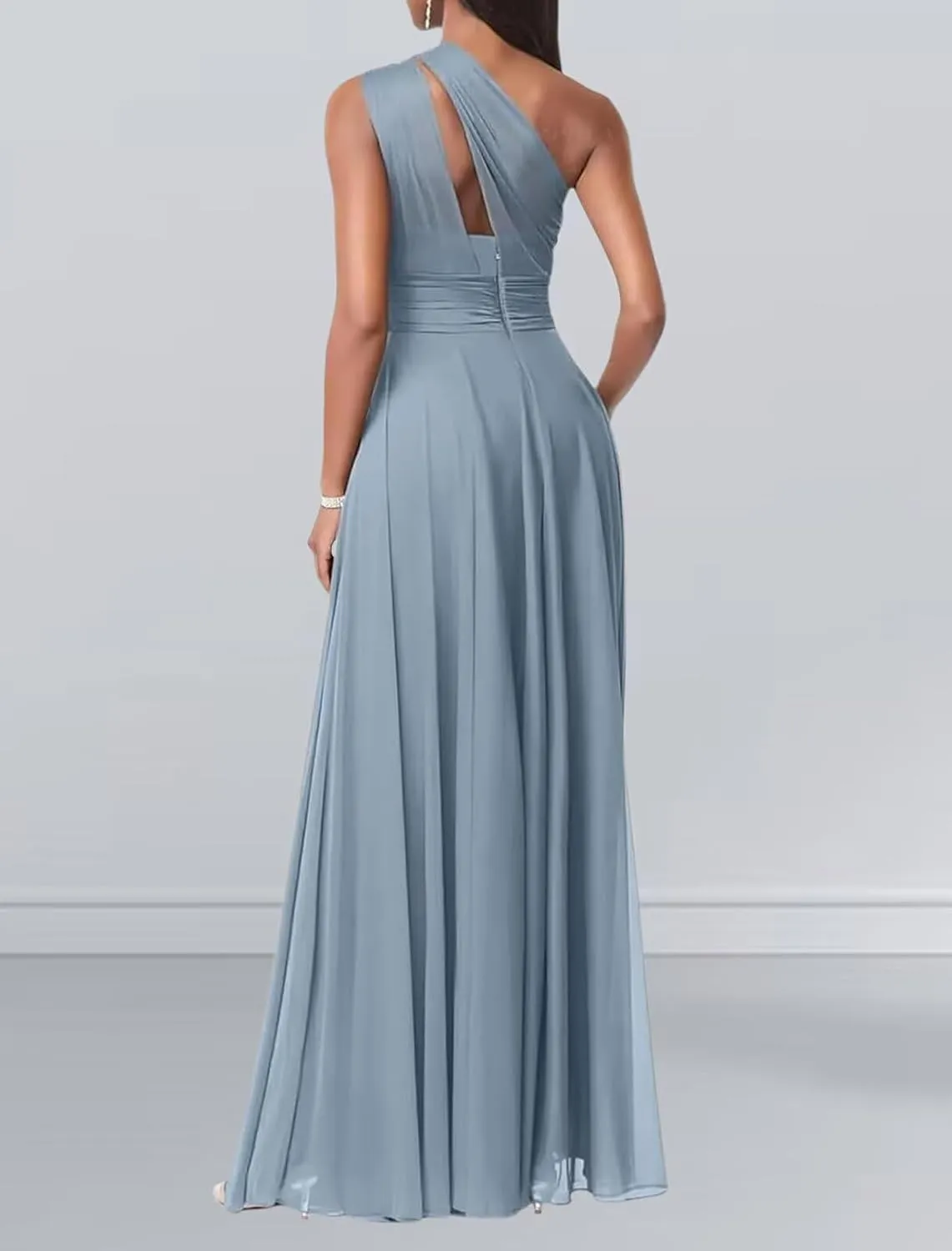 One Shoulder Bridesmaid Dresses for Wedding Chiffon A Line Prom Dress with Pockets Pleated Long Formal Evening Gown