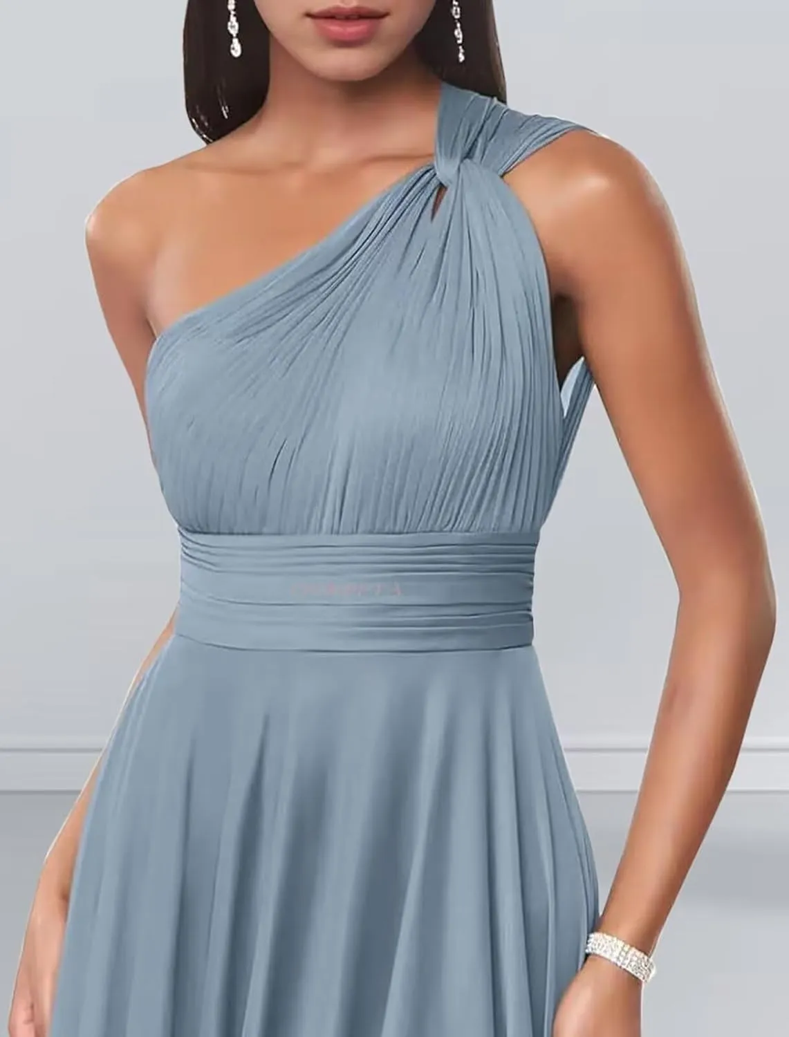 One Shoulder Bridesmaid Dresses for Wedding Chiffon A Line Prom Dress with Pockets Pleated Long Formal Evening Gown