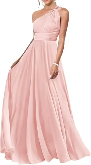 One Shoulder Bridesmaid Dresses for Wedding Chiffon A Line Prom Dress with Pockets Pleated Long Formal Evening Gown