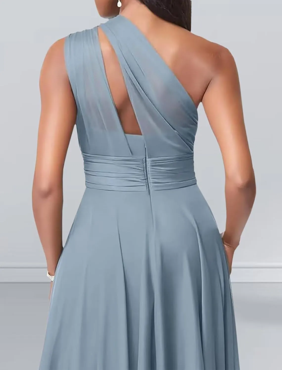 One Shoulder Bridesmaid Dresses for Wedding Chiffon A Line Prom Dress with Pockets Pleated Long Formal Evening Gown
