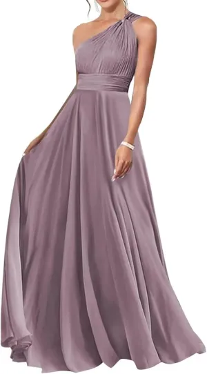 One Shoulder Bridesmaid Dresses for Wedding Chiffon A Line Prom Dress with Pockets Pleated Long Formal Evening Gown
