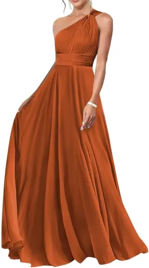 One Shoulder Bridesmaid Dresses for Wedding Chiffon A Line Prom Dress with Pockets Pleated Long Formal Evening Gown