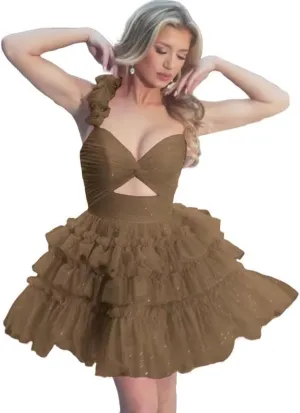 One Shoulder Layered Tulle Homecoming Dress for Teens Short 3D Floral Cocktail Party Dresses LU58