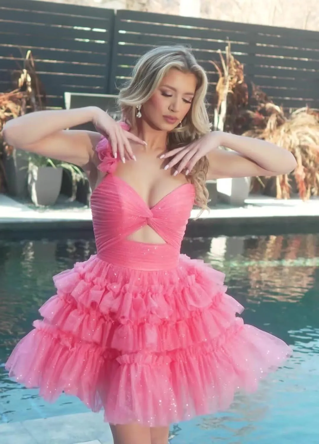 One Shoulder Layered Tulle Homecoming Dress for Teens Short 3D Floral Cocktail Party Dresses LU58