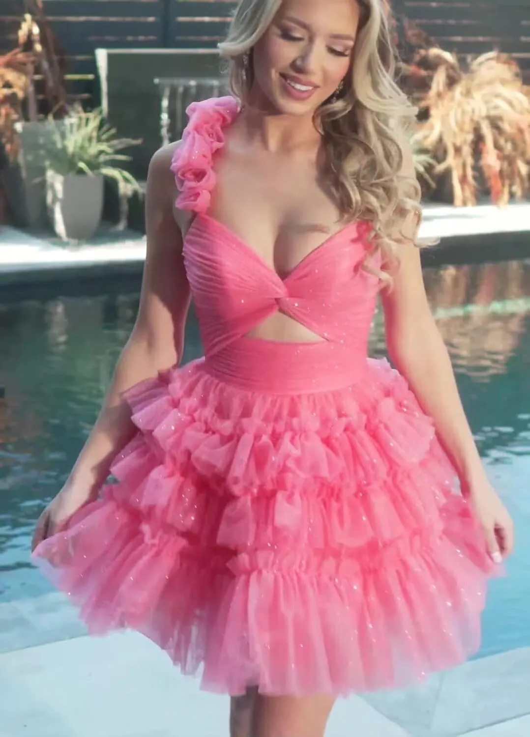One Shoulder Layered Tulle Homecoming Dress for Teens Short 3D Floral Cocktail Party Dresses LU58
