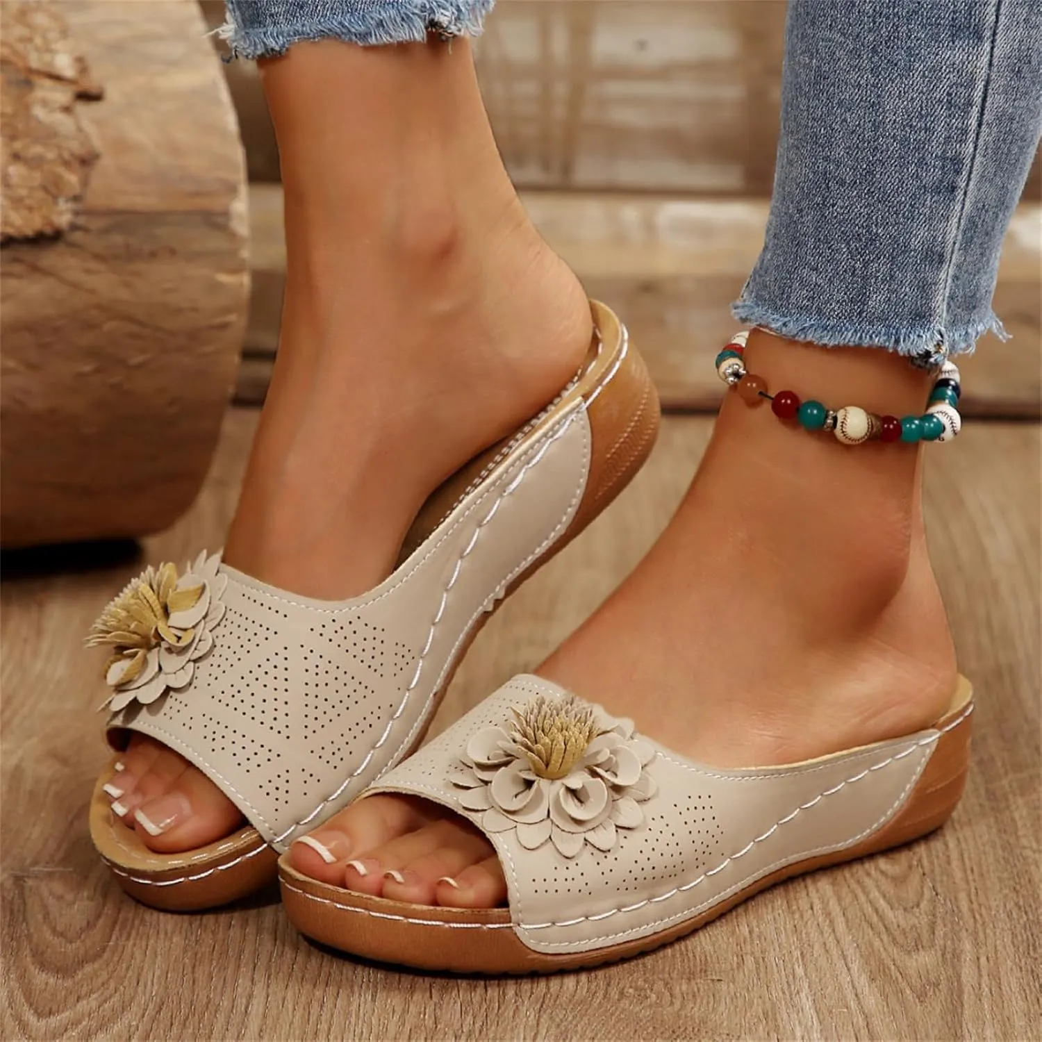 Open Toe Orthopedic Slippers for Women, Hollow Out Breathable Wedges, Platform Flat Sandals, Dressy Summer Shoes Slip On Flower Decoration Shoes Lightweight Vacation Beach Slippers Comfortable Slides