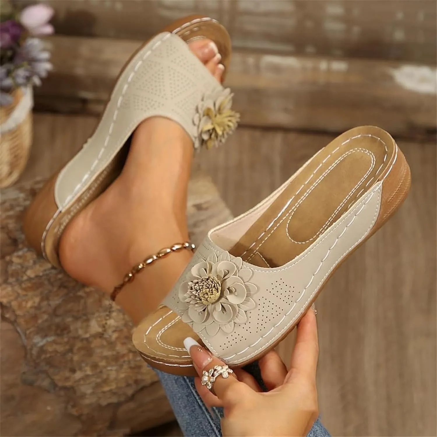 Open Toe Orthopedic Slippers for Women, Hollow Out Breathable Wedges, Platform Flat Sandals, Dressy Summer Shoes Slip On Flower Decoration Shoes Lightweight Vacation Beach Slippers Comfortable Slides