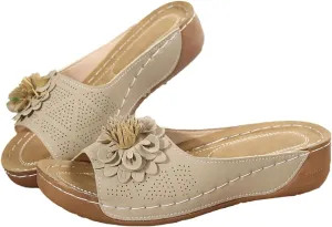 Open Toe Orthopedic Slippers for Women, Hollow Out Breathable Wedges, Platform Flat Sandals, Dressy Summer Shoes Slip On Flower Decoration Shoes Lightweight Vacation Beach Slippers Comfortable Slides