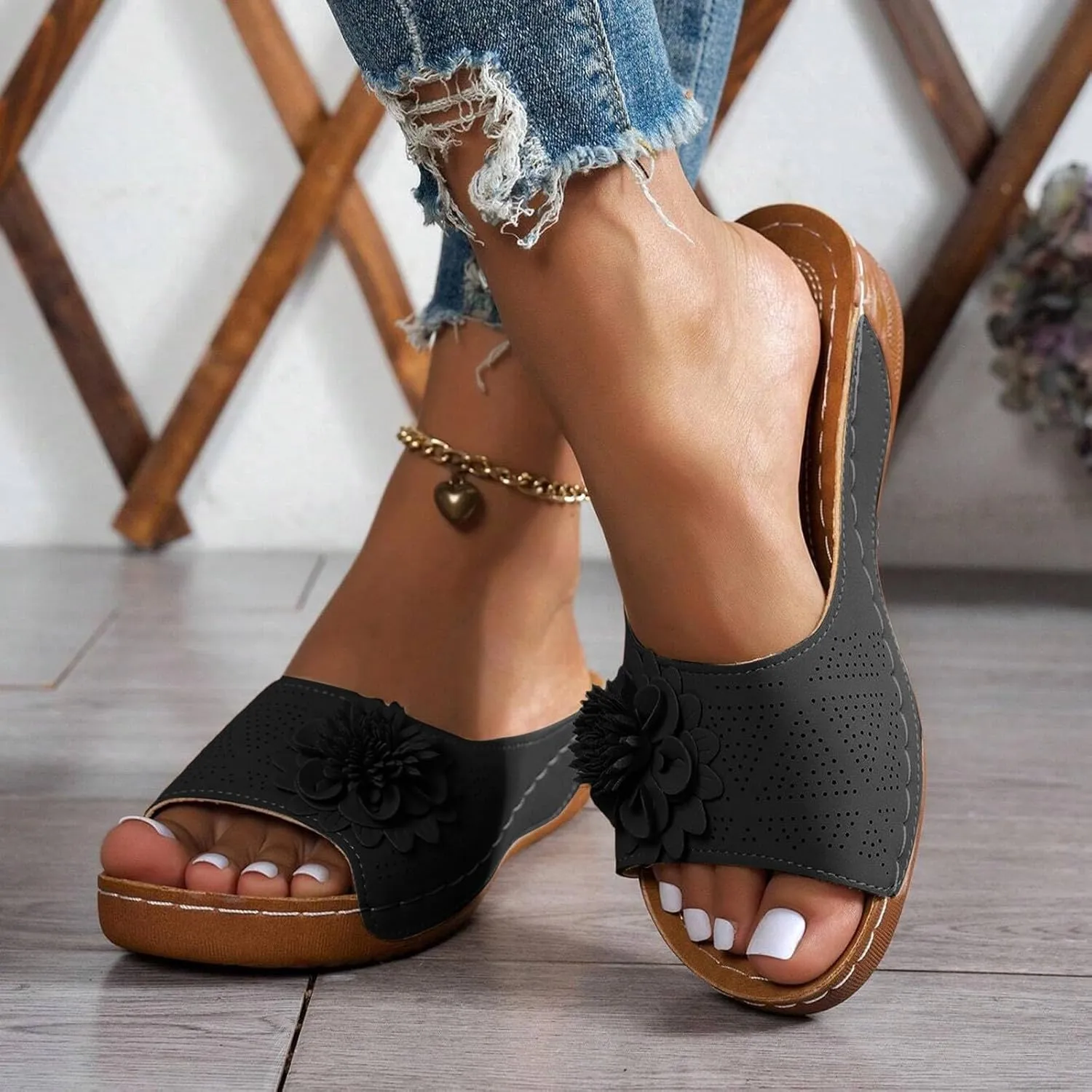 Orthopedic Sandals for Women Arch Support, Women Dressy Summer Comfortable Wedges Open Toe Slip On Sandals Wide Width Slide Sandals Bohemian Slippers