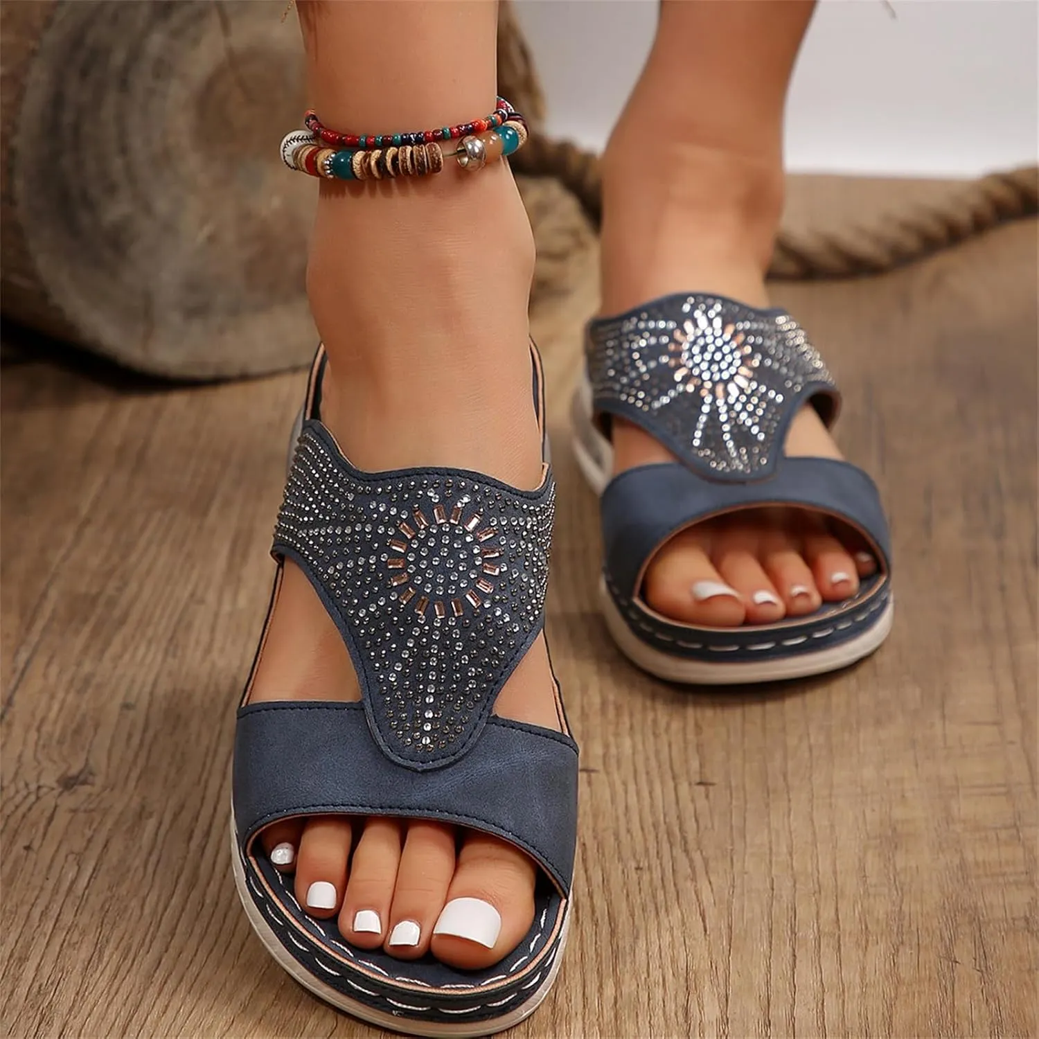 Orthopedic Sandals for Women Rhinestone Slip On Wedge Sandals Summer Peep Toe Slippers Comfortable Beach Shoes
