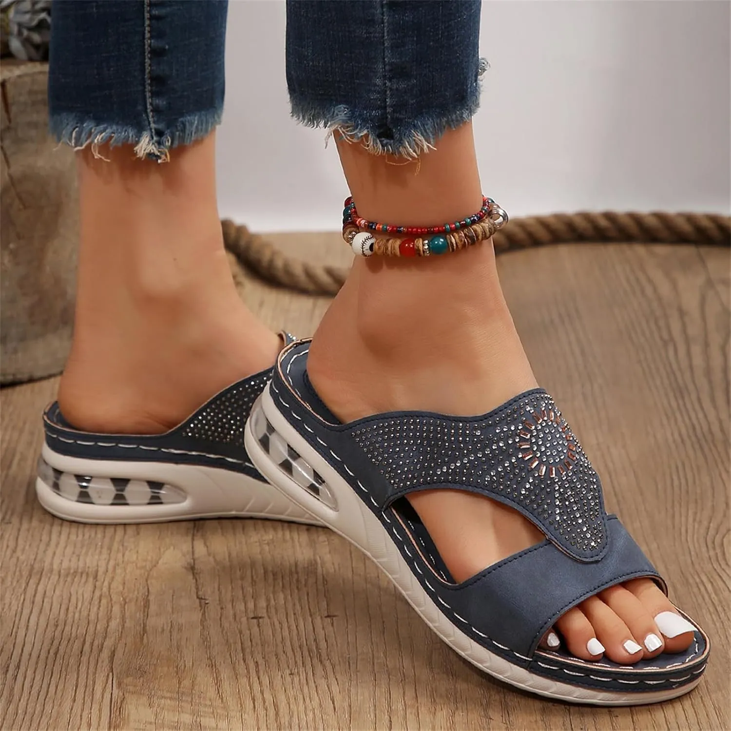 Orthopedic Sandals for Women Rhinestone Slip On Wedge Sandals Summer Peep Toe Slippers Comfortable Beach Shoes