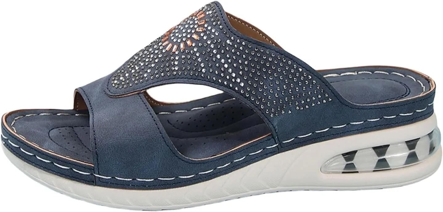 Orthopedic Sandals for Women Rhinestone Slip On Wedge Sandals Summer Peep Toe Slippers Comfortable Beach Shoes