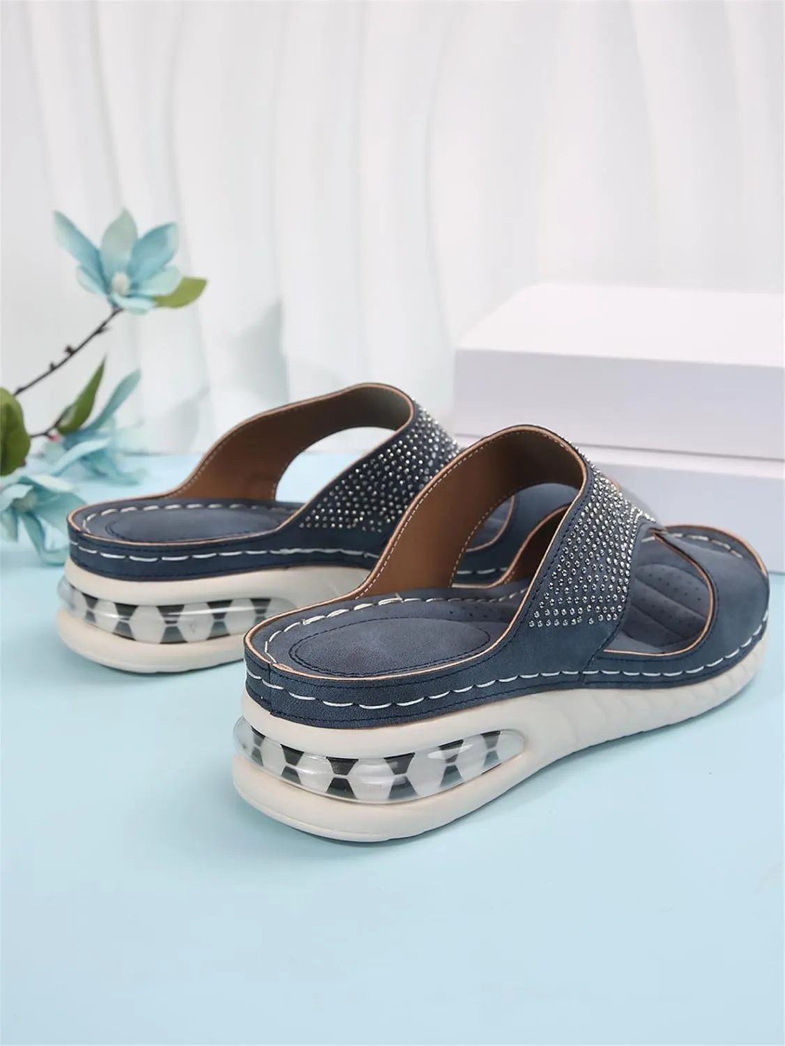 Orthopedic Sandals for Women Rhinestone Slip On Wedge Sandals Summer Peep Toe Slippers Comfortable Beach Shoes