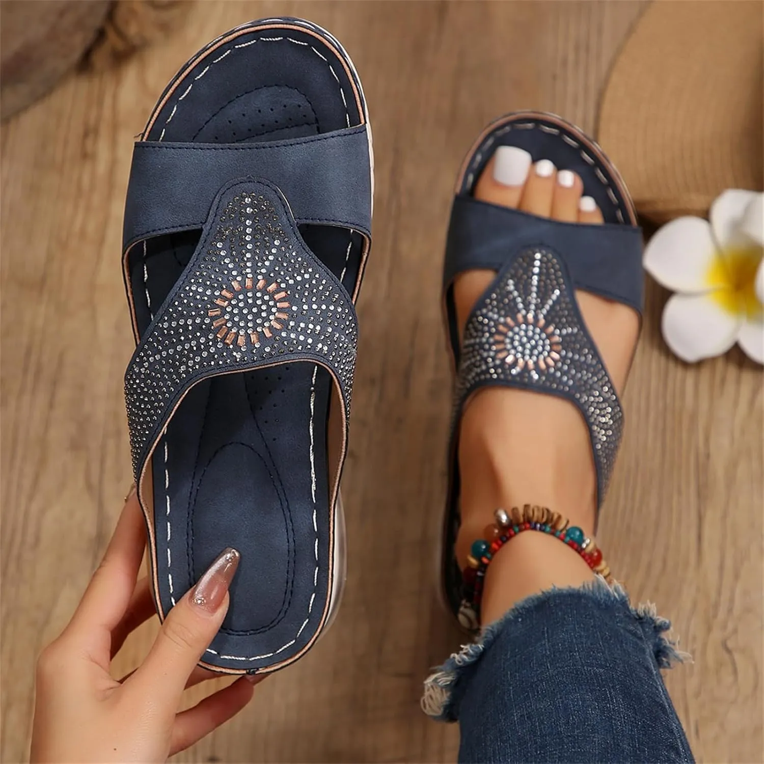 Orthopedic Sandals for Women Rhinestone Slip On Wedge Sandals Summer Peep Toe Slippers Comfortable Beach Shoes