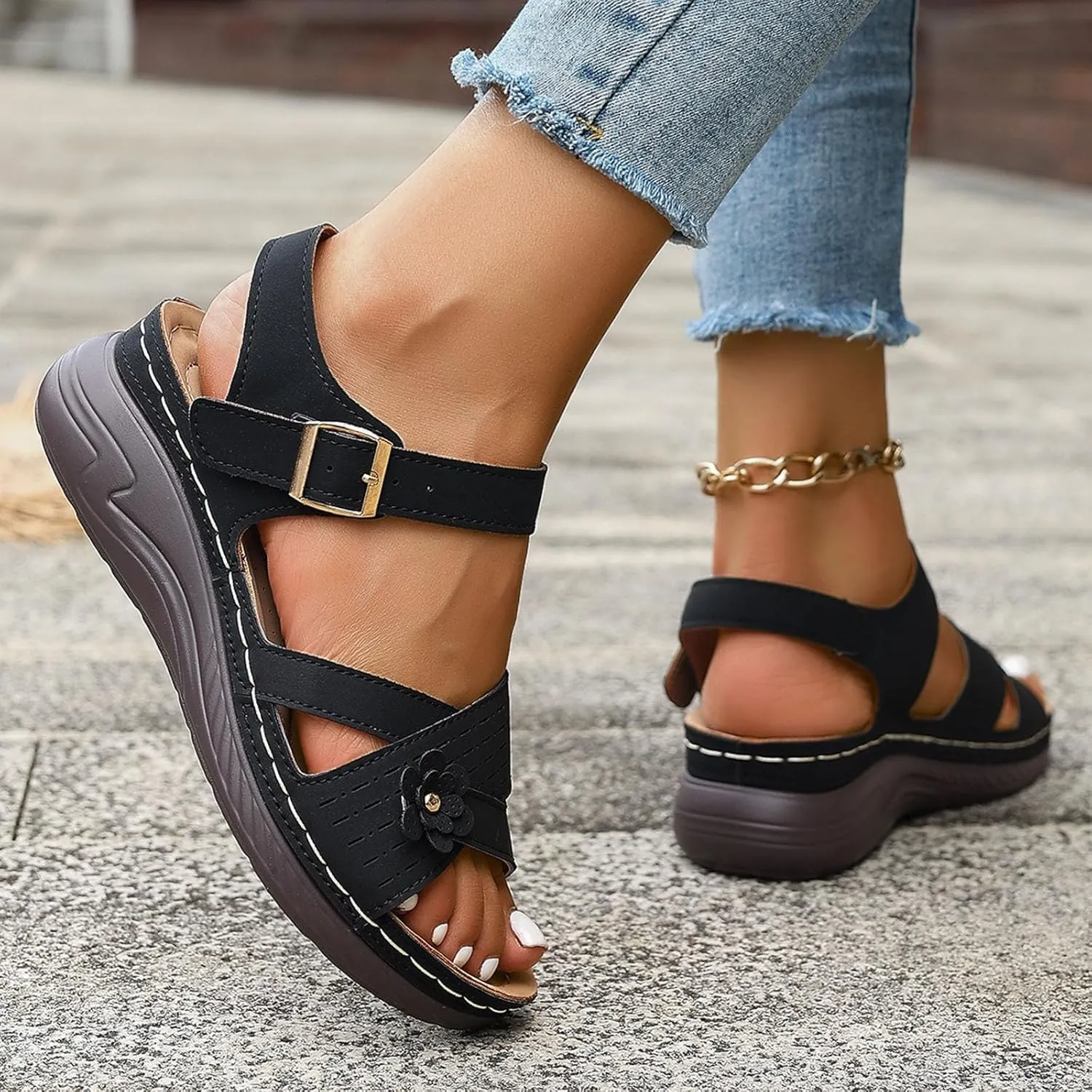 Orthopedic Wedge Sandals for Women Strappy Arch Support Flat Wedges Comfortable Dressy Arch Support Sandals Summer Walking Shoes