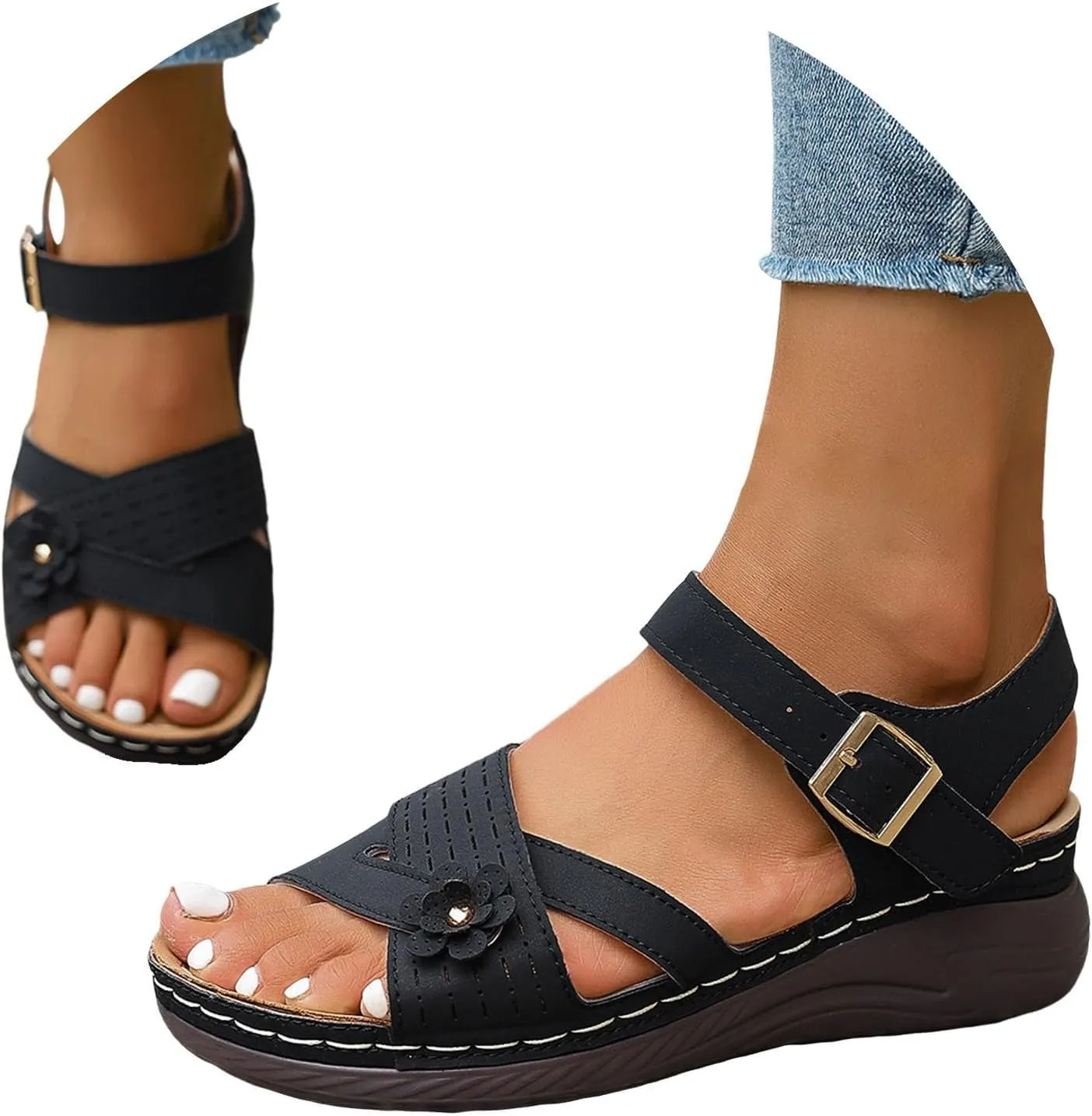 Orthopedic Wedge Sandals for Women Strappy Arch Support Flat Wedges Comfortable Dressy Arch Support Sandals Summer Walking Shoes
