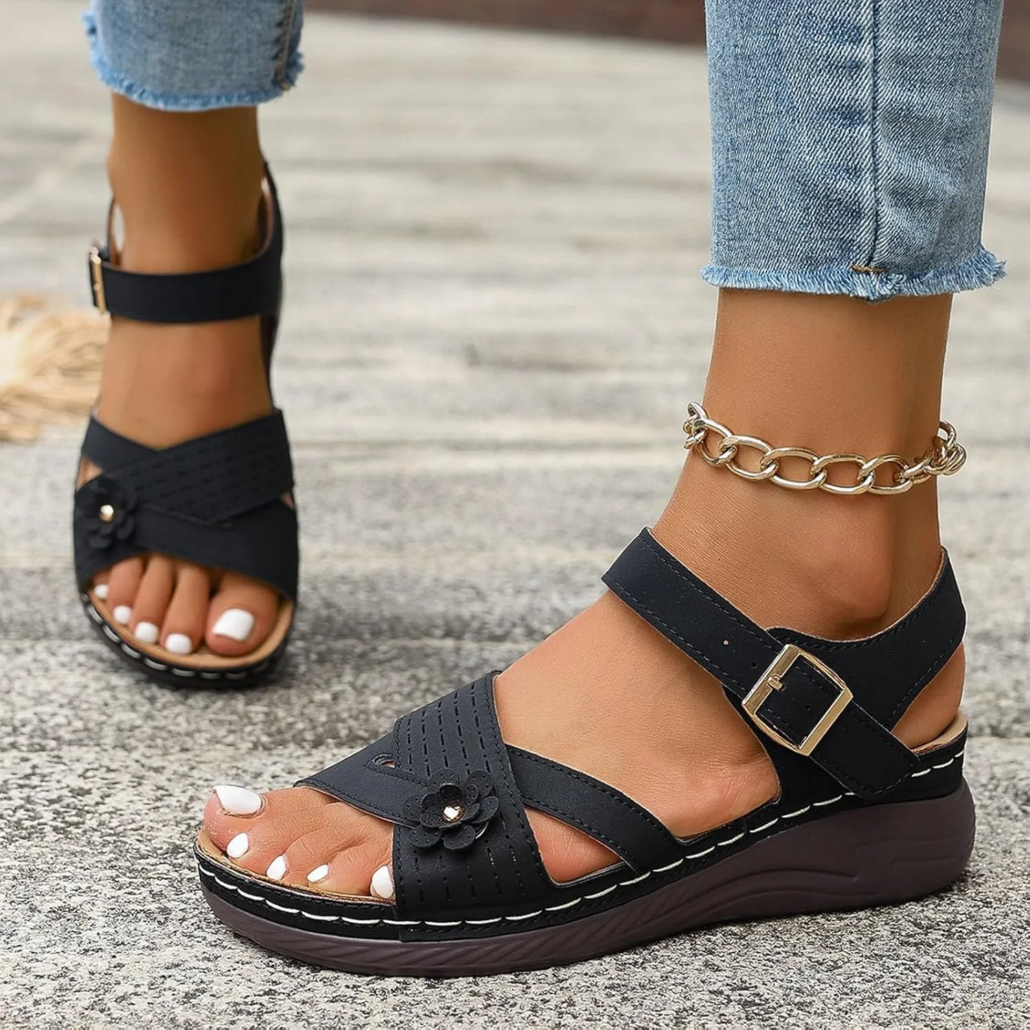 Orthopedic Wedge Sandals for Women Strappy Arch Support Flat Wedges Comfortable Dressy Arch Support Sandals Summer Walking Shoes