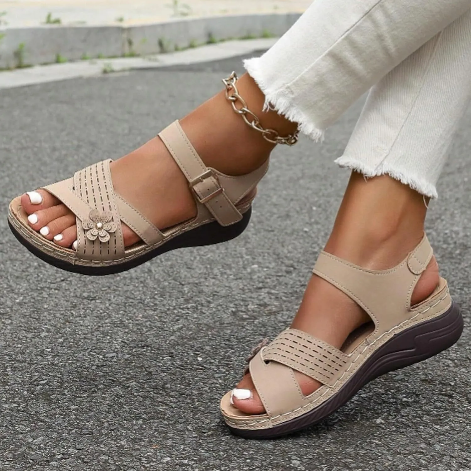 Orthopedic Wedge Sandals for Women Summer Dressy 2025,Strappy Arch Support Flat Wedges Walking Open Toe Ankle Strap Comfortable Platform Slip-On Shoe
