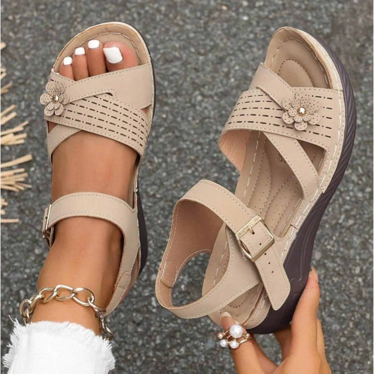 Orthopedic Wedge Sandals for Women Summer Dressy 2025,Strappy Arch Support Flat Wedges Walking Open Toe Ankle Strap Comfortable Platform Slip-On Shoe