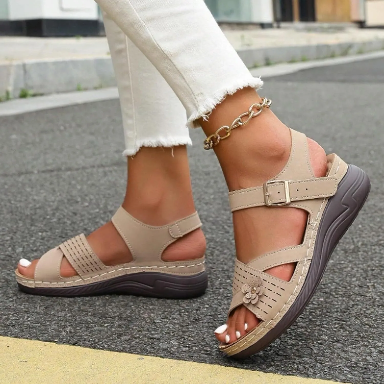 Orthopedic Wedge Sandals for Women Summer Dressy 2025,Strappy Arch Support Flat Wedges Walking Open Toe Ankle Strap Comfortable Platform Slip-On Shoe