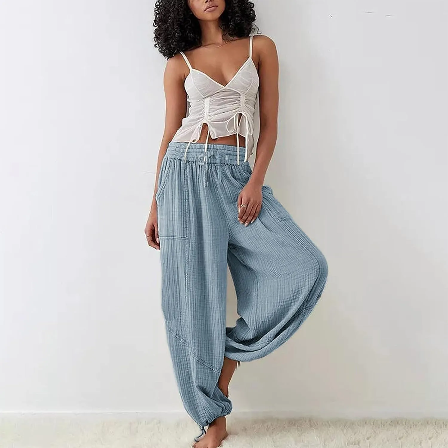 Oversized Wide Leg Lounge Pants Women Baggy Low Rise Cotton Pants Vintage Streetwear Summer Casual Loose Flowy Pants