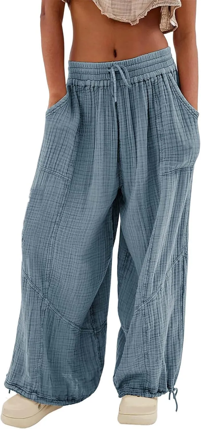 Oversized Wide Leg Lounge Pants Women Baggy Low Rise Cotton Pants Vintage Streetwear Summer Casual Loose Flowy Pants