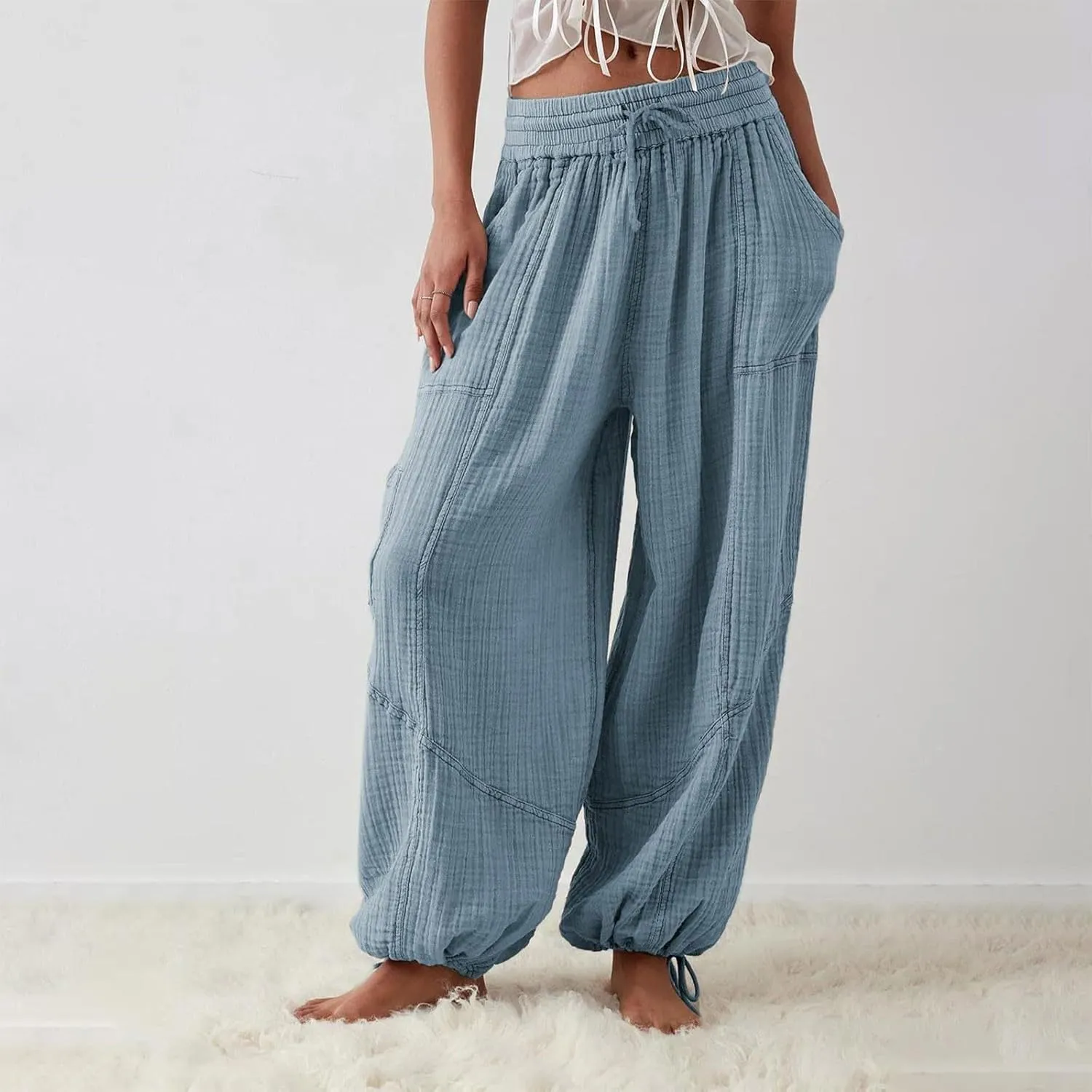 Oversized Wide Leg Lounge Pants Women Baggy Low Rise Cotton Pants Vintage Streetwear Summer Casual Loose Flowy Pants