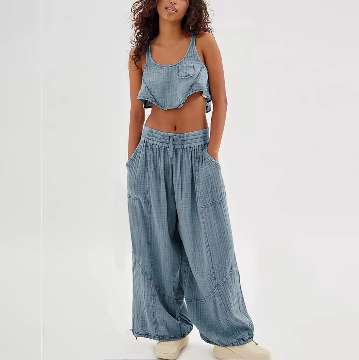 Oversized Wide Leg Lounge Pants Women Baggy Low Rise Cotton Pants Vintage Streetwear Summer Casual Loose Flowy Pants